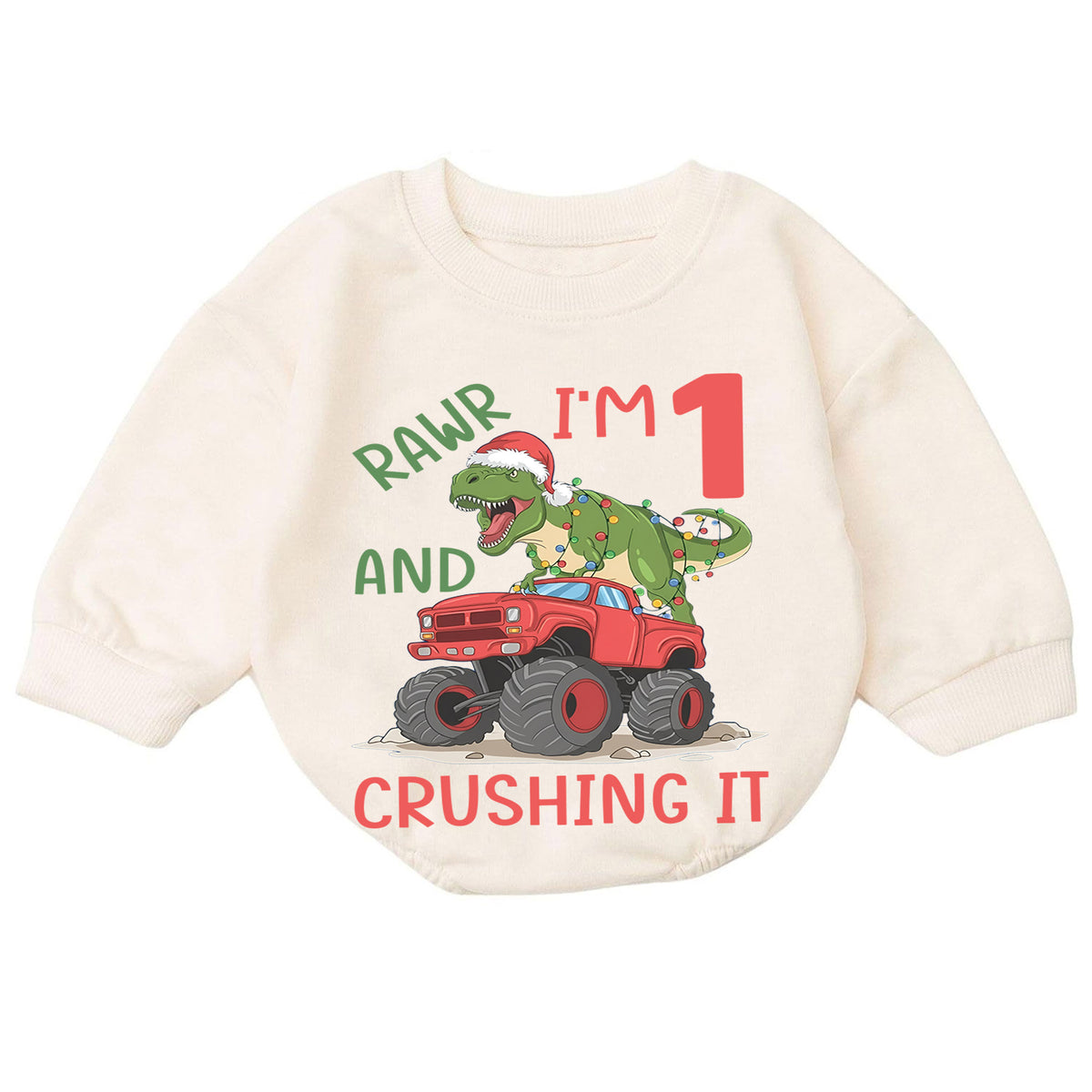 Dinosaur 1st Birthday Christmas Baby Romper, T Rex Monster Truck Outfit, Rawr I'm One Toddler Romper, Holiday Gift for Boys — product view 7