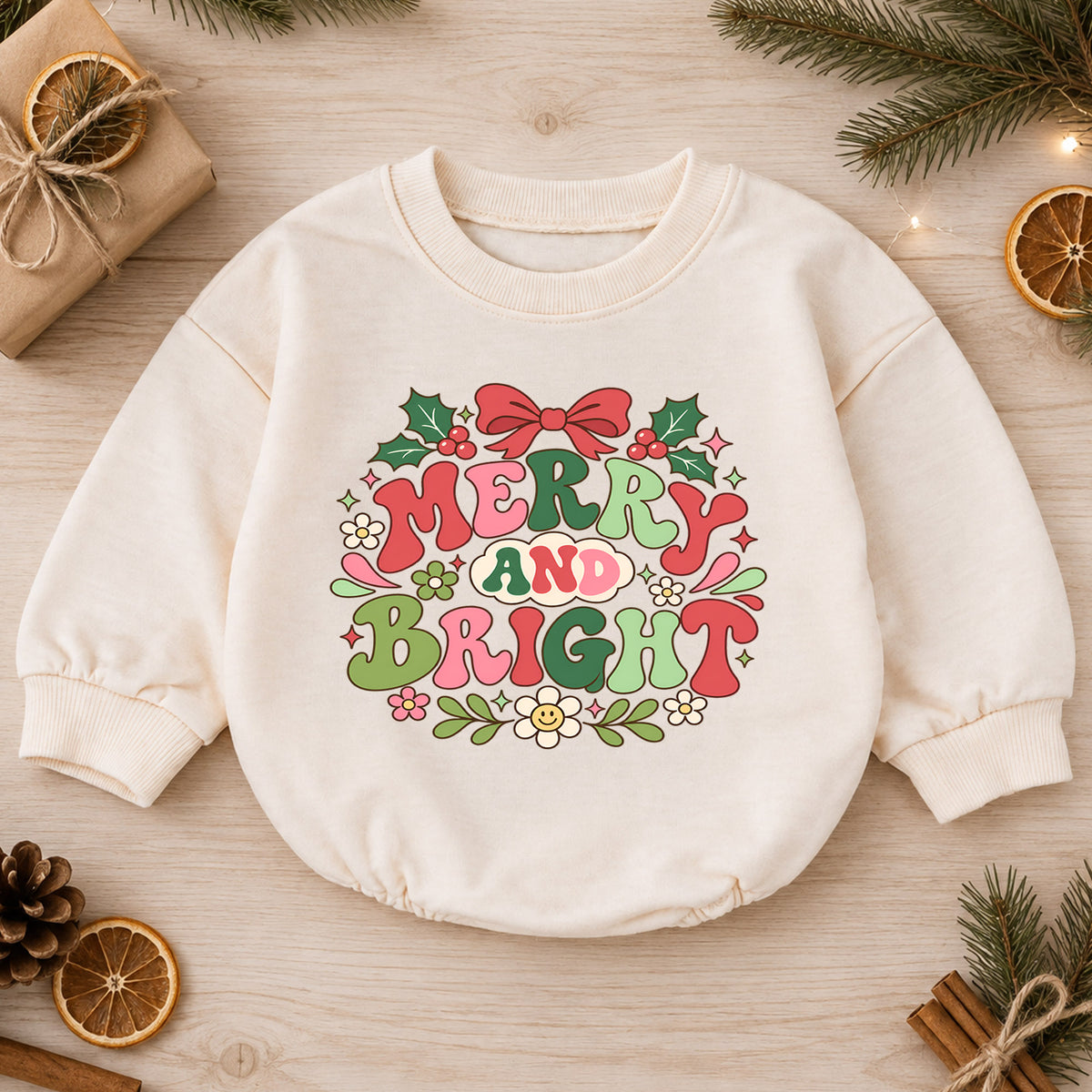 Merry and Bright Christmas Baby Romper, Retro Holiday Baby Outfit, Groovy Christmas Toddler Romper, Cute Xmas Gift for Baby — product view 1