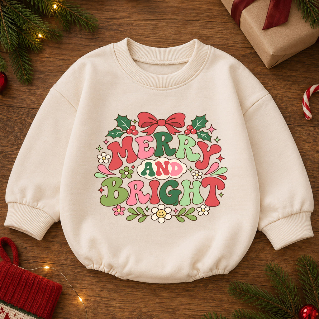 Merry and Bright Christmas Baby Romper, Retro Holiday Baby Outfit, Groovy Christmas Toddler Romper, Cute Xmas Gift for Baby — product view 2
