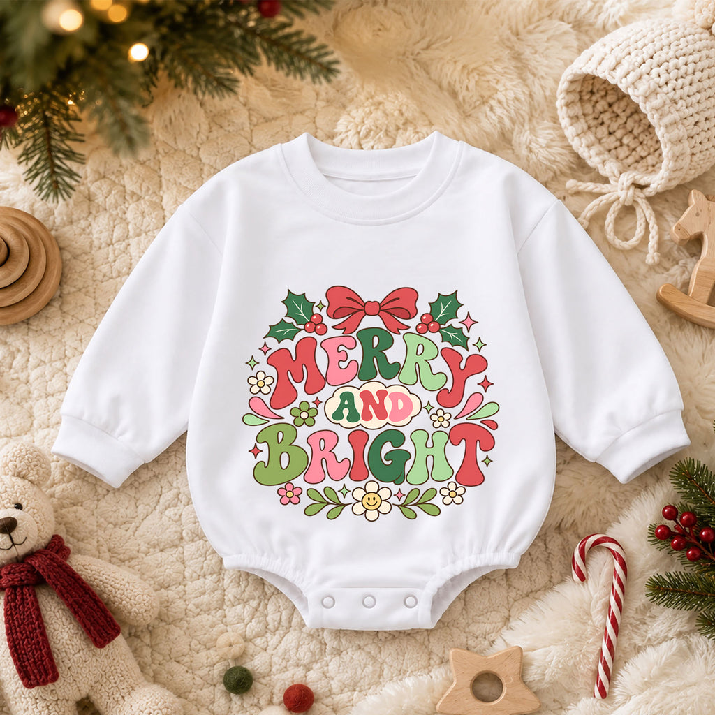 Merry and Bright Christmas Baby Romper, Retro Holiday Baby Outfit, Groovy Christmas Toddler Romper, Cute Xmas Gift for Baby — product view 3