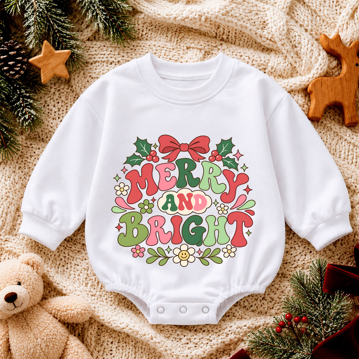 Merry and Bright Christmas Baby Romper, Retro Holiday Baby Outfit, Groovy Christmas Toddler Romper, Cute Xmas Gift for Baby — product view 4
