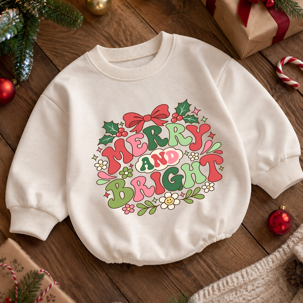 Merry and Bright Christmas Baby Romper, Retro Holiday Baby Outfit, Groovy Christmas Toddler Romper, Cute Xmas Gift for Baby — product view 5