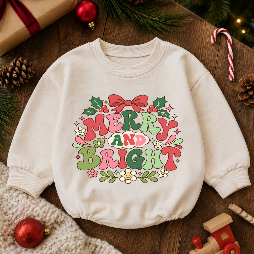 Merry and Bright Christmas Baby Romper, Retro Holiday Baby Outfit, Groovy Christmas Toddler Romper, Cute Xmas Gift for Baby — product view 6
