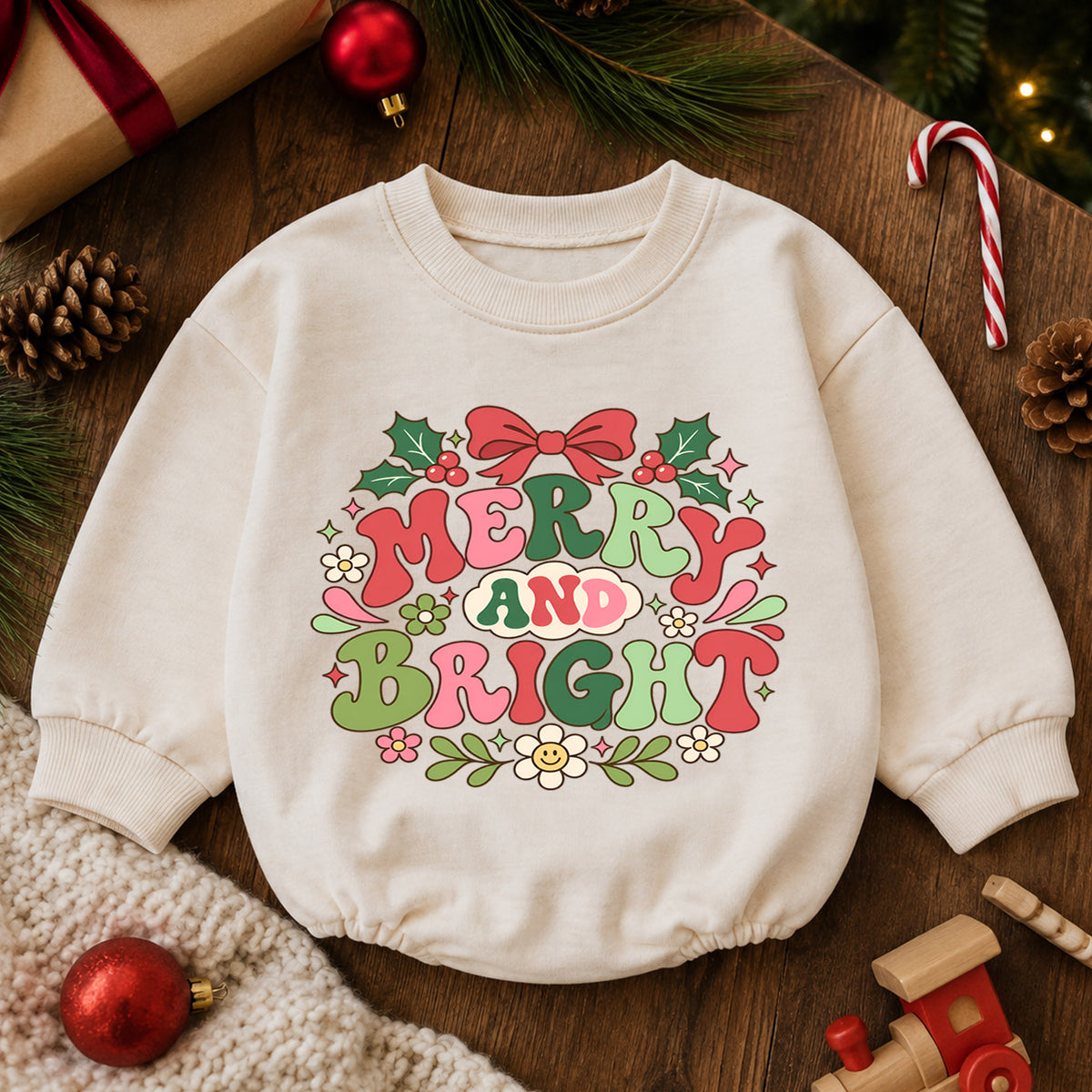 Merry and Bright Christmas Baby Romper, Retro Holiday Baby Outfit, Groovy Christmas Toddler Romper, Cute Xmas Gift for Baby — product view 6