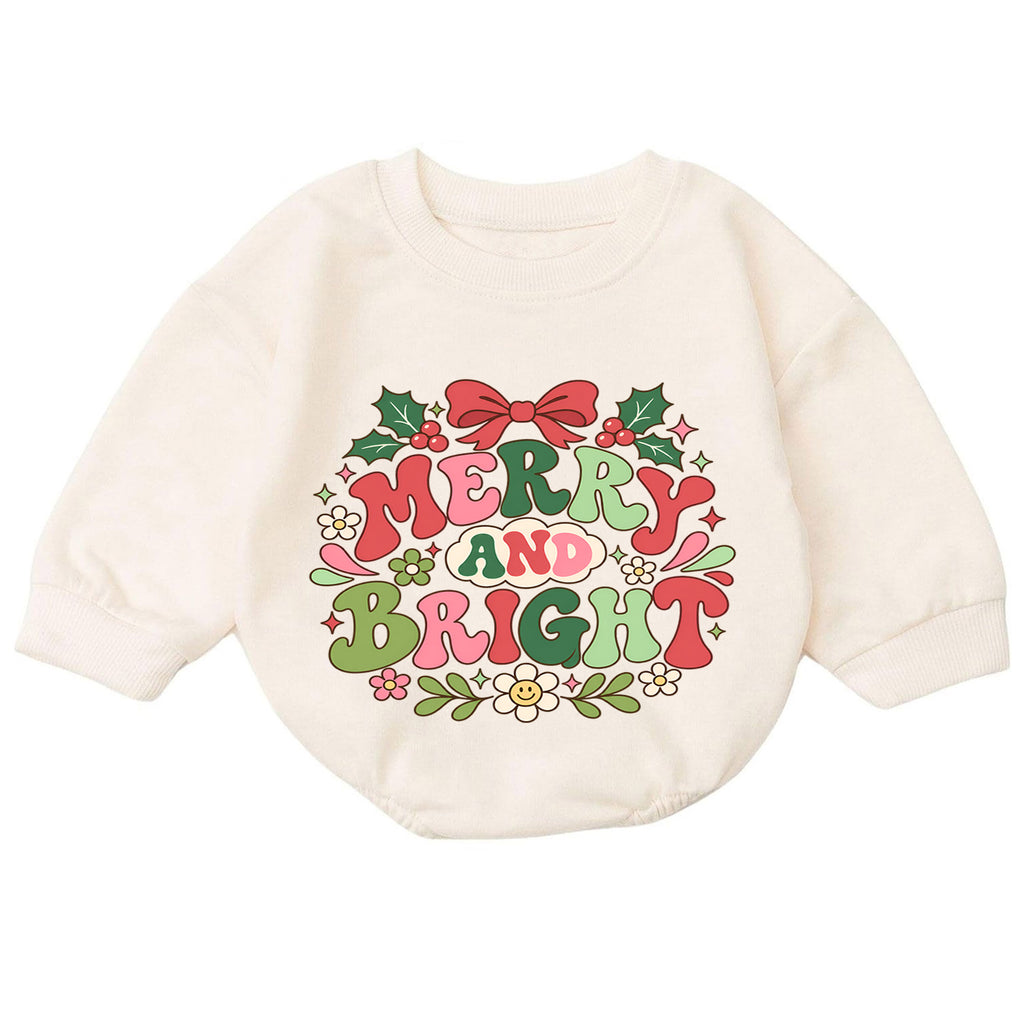 Merry and Bright Christmas Baby Romper, Retro Holiday Baby Outfit, Groovy Christmas Toddler Romper, Cute Xmas Gift for Baby — product view 7
