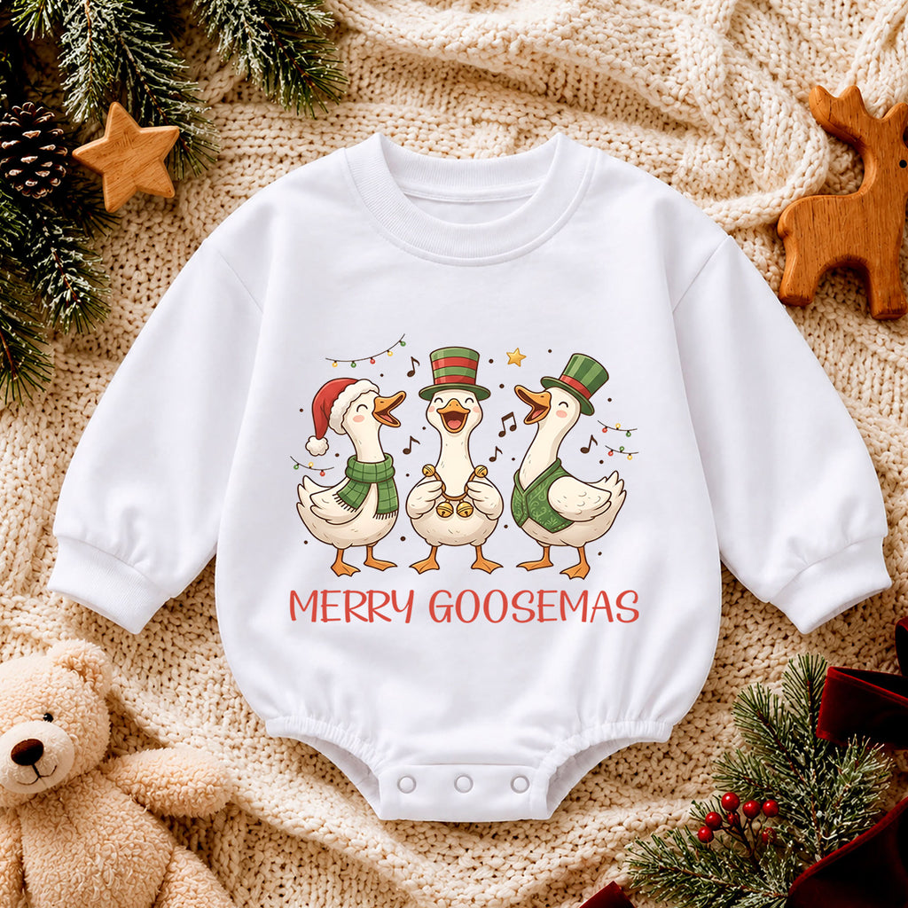 Merry Goosemas Baby Romper, Singing Christmas Goose Trio Outfit, Funny Toddler Holiday Romper, Cute 1st Christmas Gift — product view 4