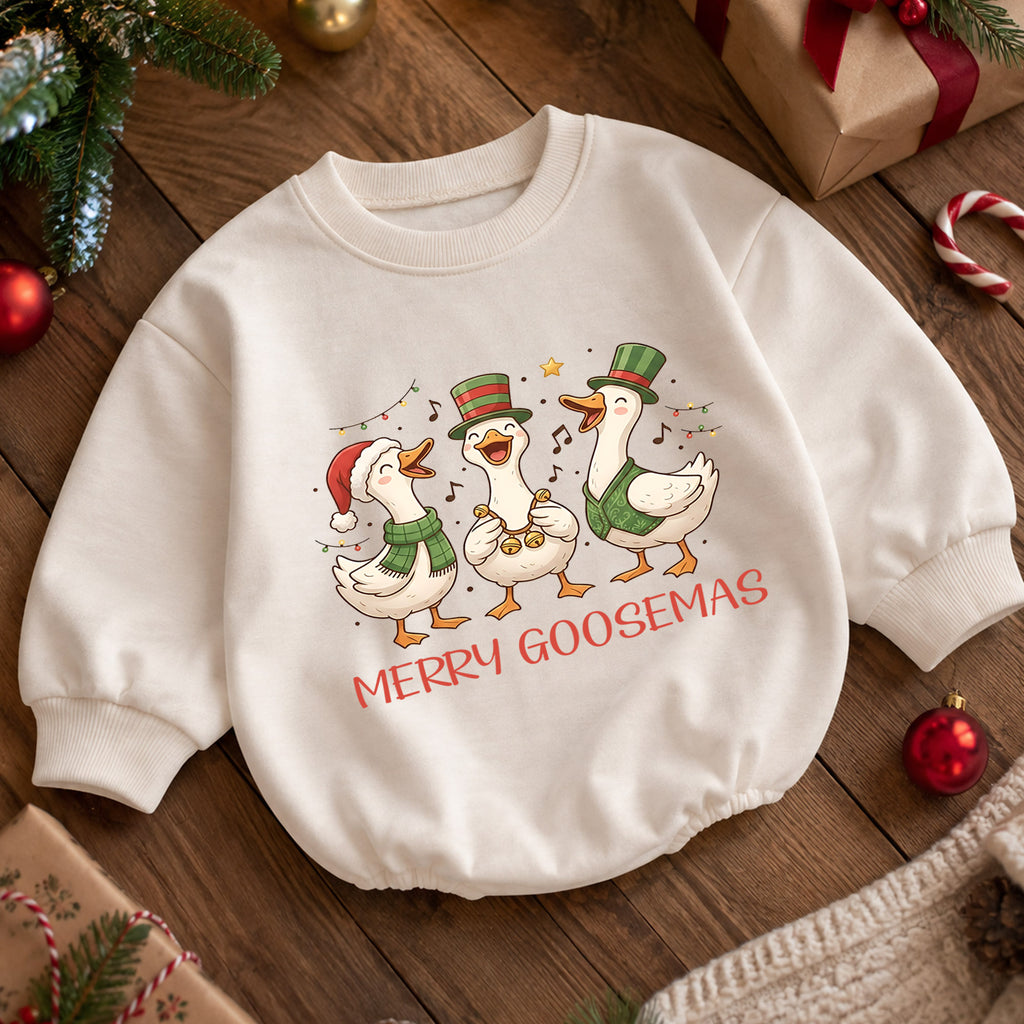 Merry Goosemas Baby Romper, Singing Christmas Goose Trio Outfit, Funny Toddler Holiday Romper, Cute 1st Christmas Gift — product view 5