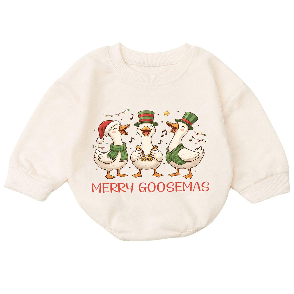 Merry Goosemas Baby Romper, Singing Christmas Goose Trio Outfit, Funny Toddler Holiday Romper, Cute 1st Christmas Gift — product view 7