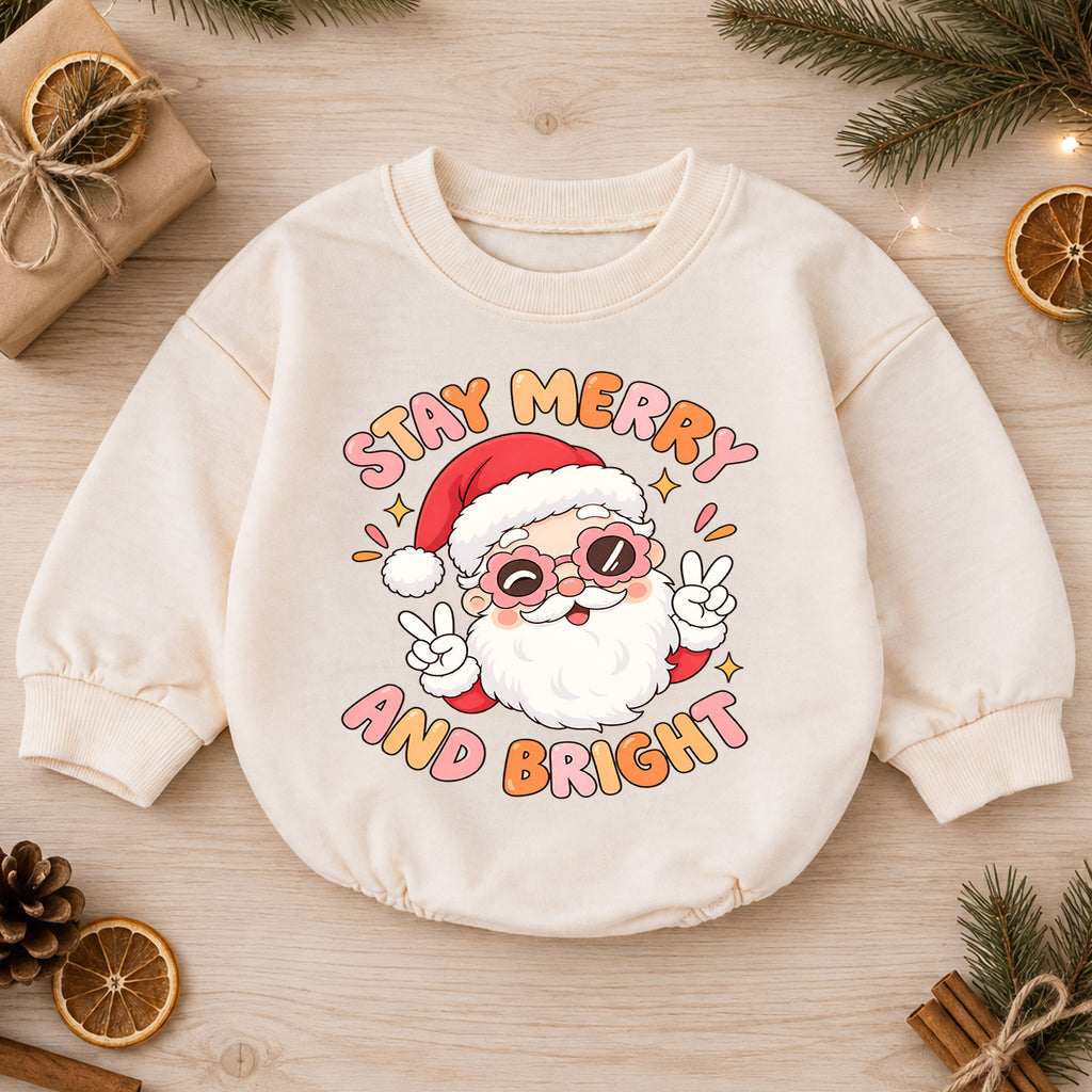 Stay Merry and Bright Baby Romper, Cute Santa Christmas Outfit, Retro Holiday Toddler Romper, Xmas Gift for Babies and Baby — product view 1