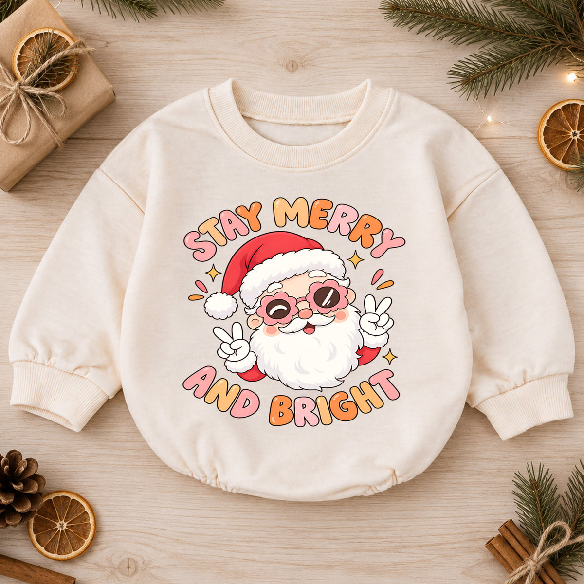 Stay Merry and Bright Baby Romper, Cute Santa Christmas Outfit, Retro Holiday Toddler Romper, Xmas Gift for Babies and Baby — product view 1