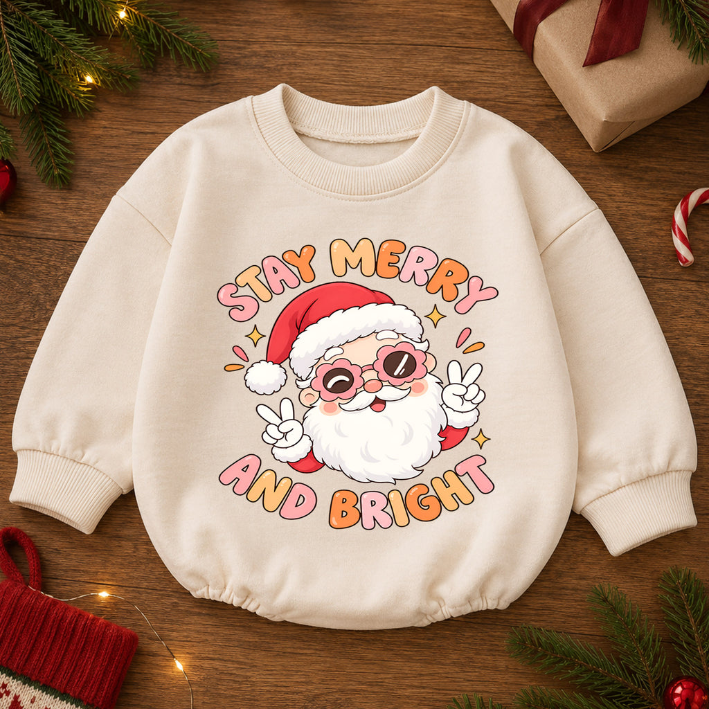 Stay Merry and Bright Baby Romper, Cute Santa Christmas Outfit, Retro Holiday Toddler Romper, Xmas Gift for Babies and Baby — product view 2