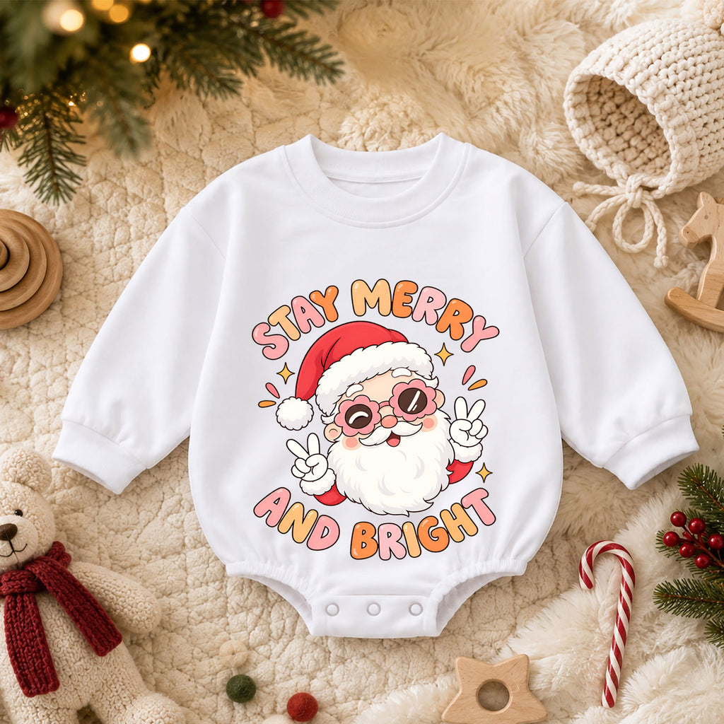 Stay Merry and Bright Baby Romper, Cute Santa Christmas Outfit, Retro Holiday Toddler Romper, Xmas Gift for Babies and Baby — product view 3
