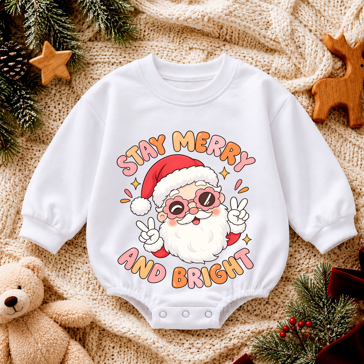 Stay Merry and Bright Baby Romper, Cute Santa Christmas Outfit, Retro Holiday Toddler Romper, Xmas Gift for Babies and Baby — product view 4