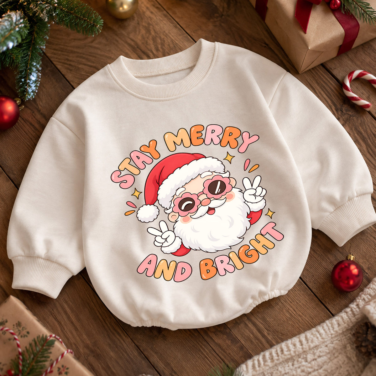 Stay Merry and Bright Baby Romper, Cute Santa Christmas Outfit, Retro Holiday Toddler Romper, Xmas Gift for Babies and Baby — product view 5