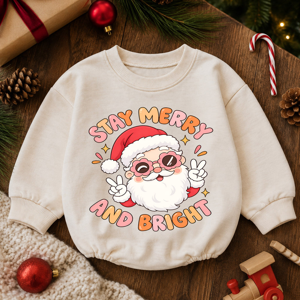 Stay Merry and Bright Baby Romper, Cute Santa Christmas Outfit, Retro Holiday Toddler Romper, Xmas Gift for Babies and Baby — product view 6
