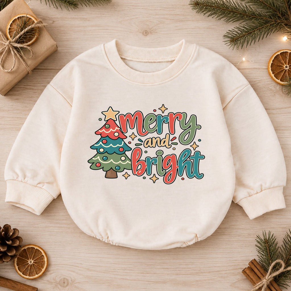 Merry and Bright Christmas Baby Romper, Retro Christmas Tree Outfit, Toddler Holiday Romper, Cute 1st Christmas Gift for Baby — product view 1