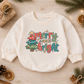 Merry and Bright Christmas Baby Romper, Retro Christmas Tree Outfit, Toddler Holiday Romper, Cute 1st Christmas Gift for Baby — product view 1