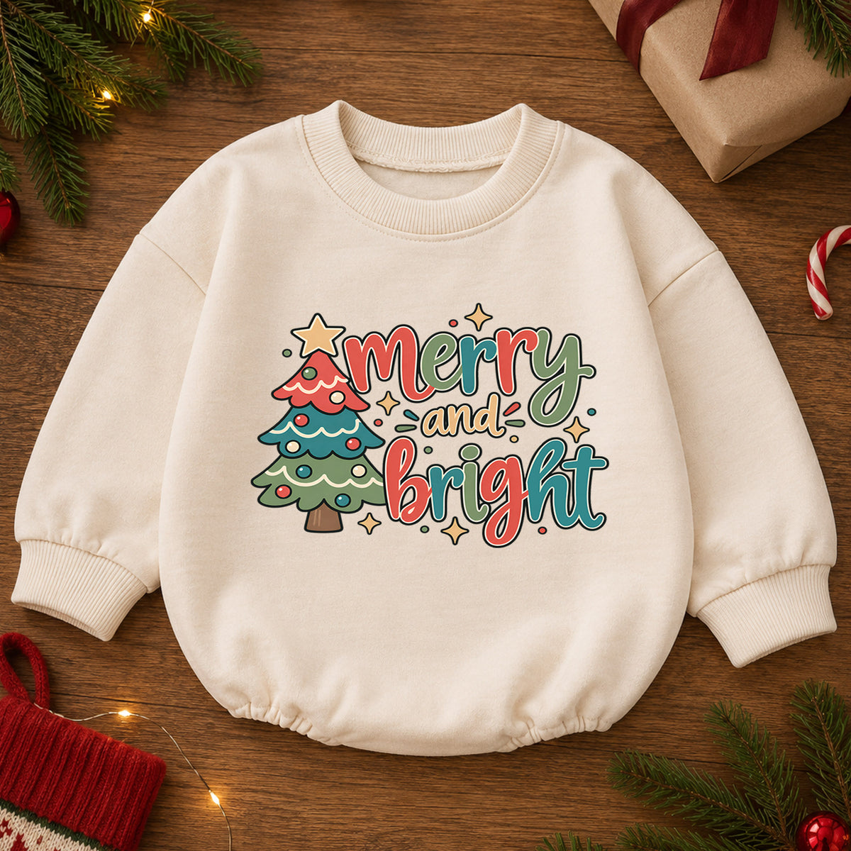 Merry and Bright Christmas Baby Romper, Retro Christmas Tree Outfit, Toddler Holiday Romper, Cute 1st Christmas Gift for Baby — product view 2