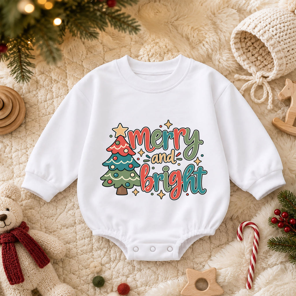 Merry and Bright Christmas Baby Romper, Retro Christmas Tree Outfit, Toddler Holiday Romper, Cute 1st Christmas Gift for Baby — product view 3