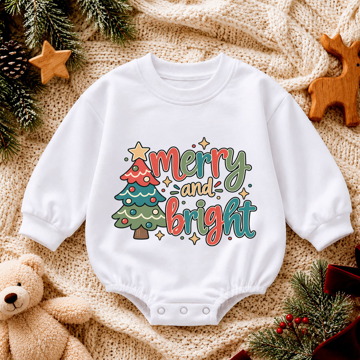 Merry and Bright Christmas Baby Romper, Retro Christmas Tree Outfit, Toddler Holiday Romper, Cute 1st Christmas Gift for Baby — product view 4