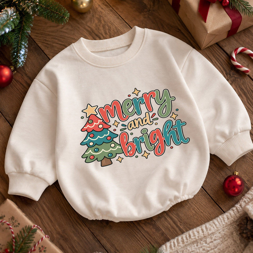 Merry and Bright Christmas Baby Romper, Retro Christmas Tree Outfit, Toddler Holiday Romper, Cute 1st Christmas Gift for Baby — product view 5