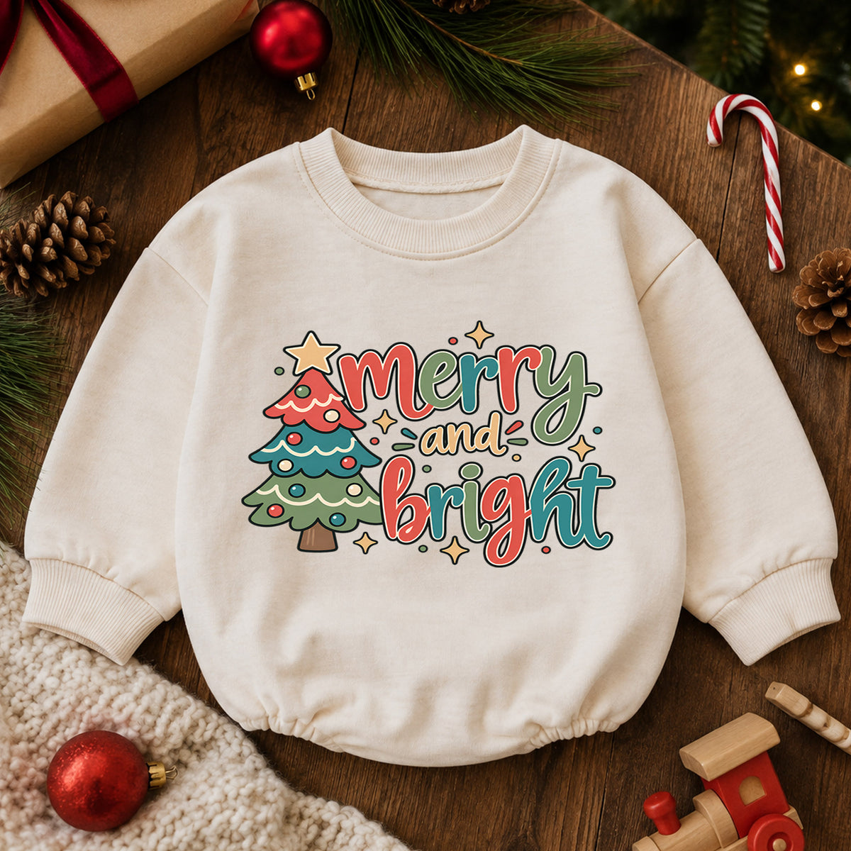 Merry and Bright Christmas Baby Romper, Retro Christmas Tree Outfit, Toddler Holiday Romper, Cute 1st Christmas Gift for Baby — product view 6