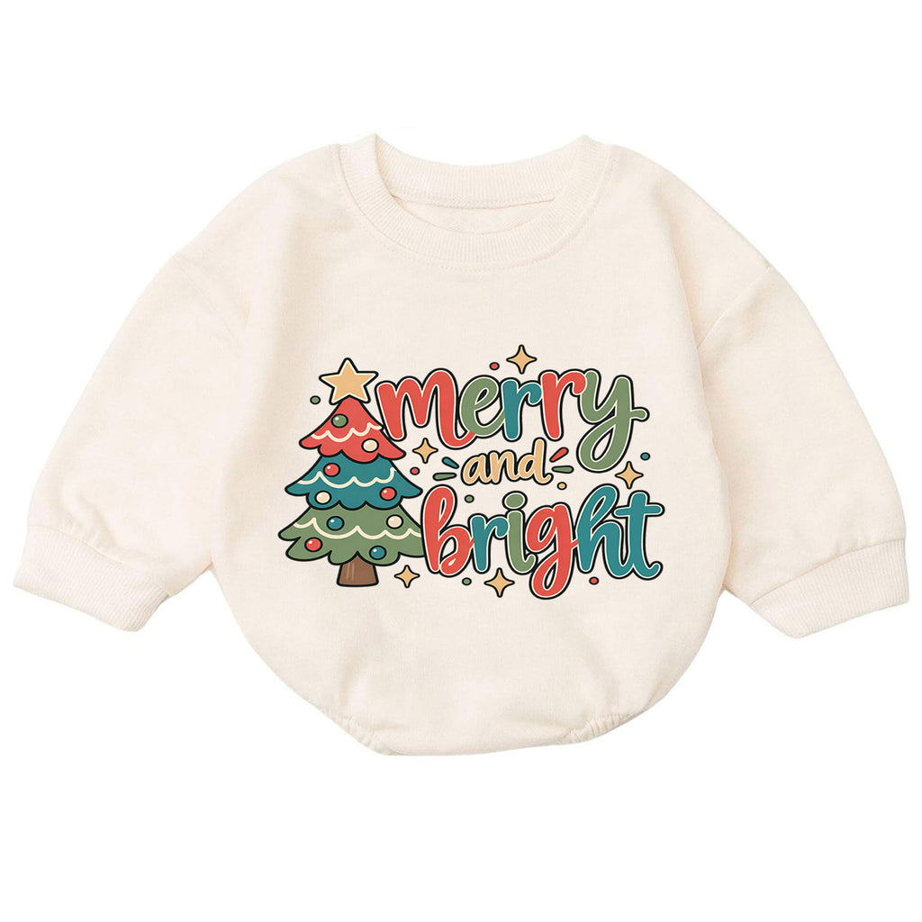 Merry and Bright Christmas Baby Romper, Retro Christmas Tree Outfit, Toddler Holiday Romper, Cute 1st Christmas Gift for Baby — product view 7