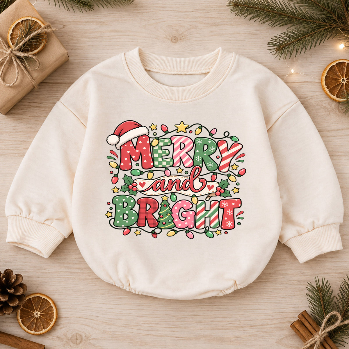 Merry and Bright Christmas Baby Romper, Festive Holiday Baby Outfit, Toddler Christmas Romper, 1st Christmas Gift for Baby — product view 1