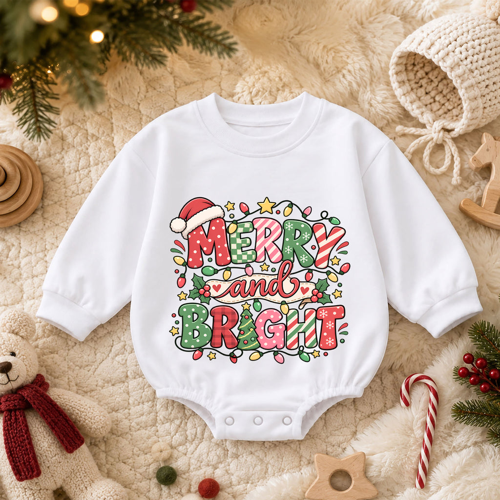 Merry and Bright Christmas Baby Romper, Festive Holiday Baby Outfit, Toddler Christmas Romper, 1st Christmas Gift for Baby — product view 3