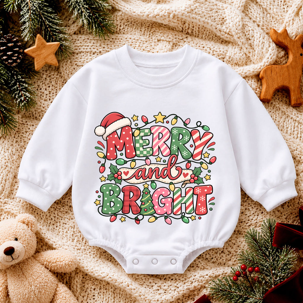 Merry and Bright Christmas Baby Romper, Festive Holiday Baby Outfit, Toddler Christmas Romper, 1st Christmas Gift for Baby — product view 4