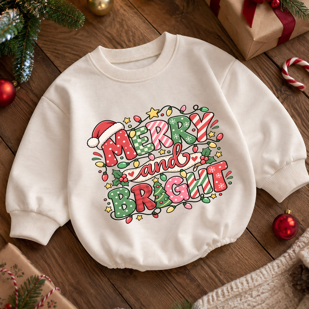 Merry and Bright Christmas Baby Romper, Festive Holiday Baby Outfit, Toddler Christmas Romper, 1st Christmas Gift for Baby — product view 5