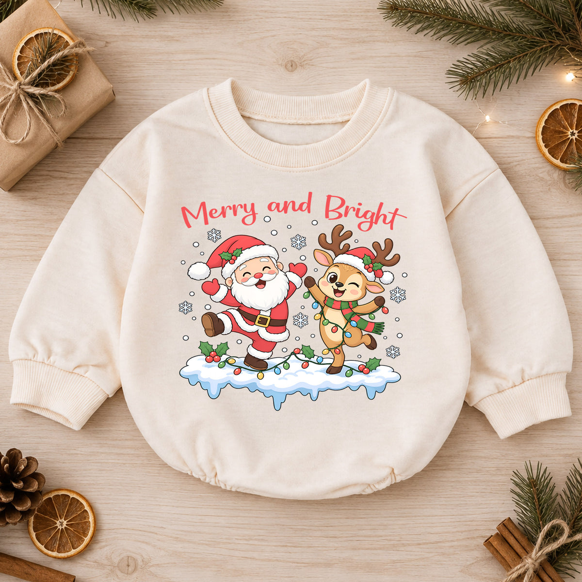 Merry and Bright Christmas Baby Romper, Santa Reindeer Holiday Outfit, Toddler Christmas Romper, Cute 1st Christmas Gift — product view 1