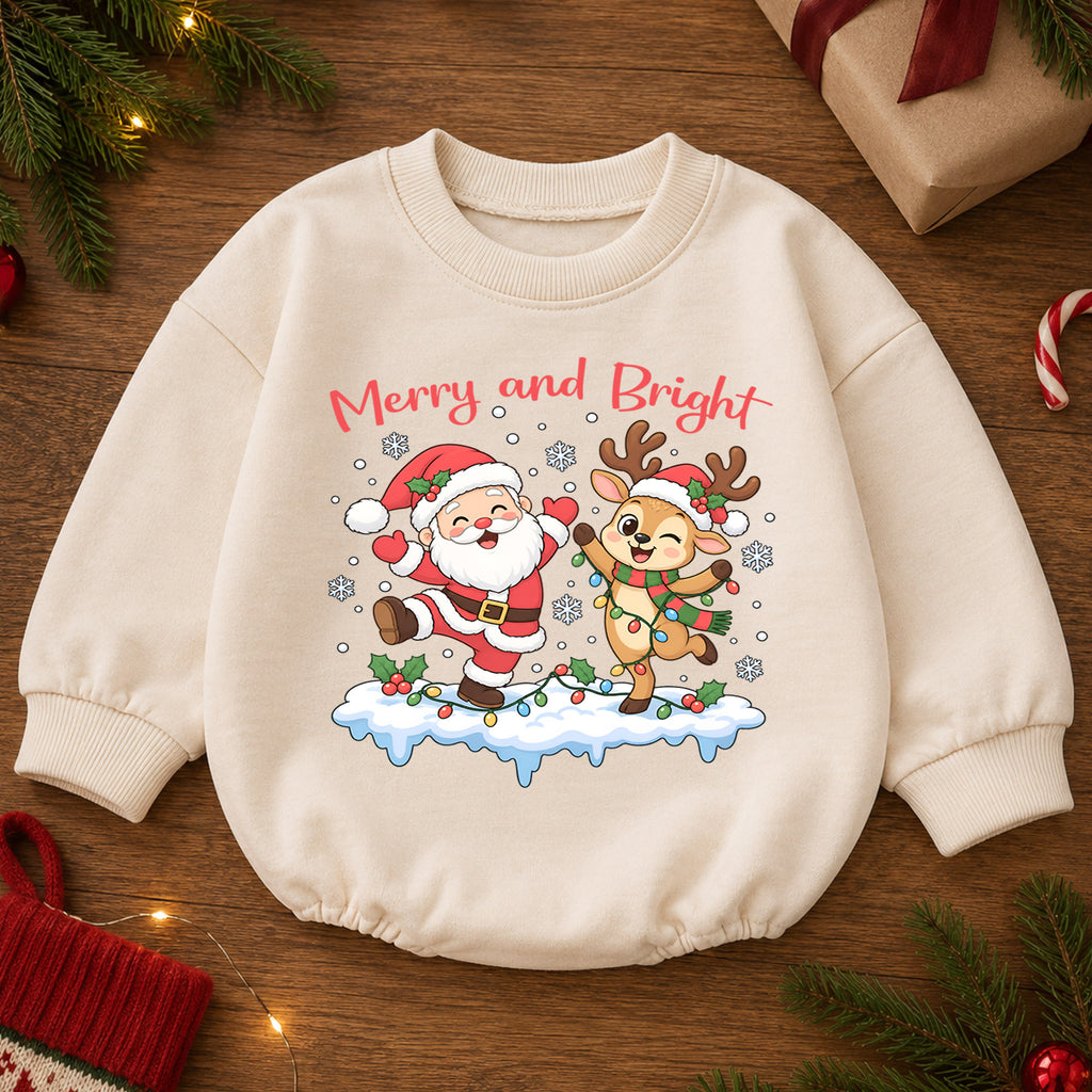 Merry and Bright Christmas Baby Romper, Santa Reindeer Holiday Outfit, Toddler Christmas Romper, Cute 1st Christmas Gift — product view 2