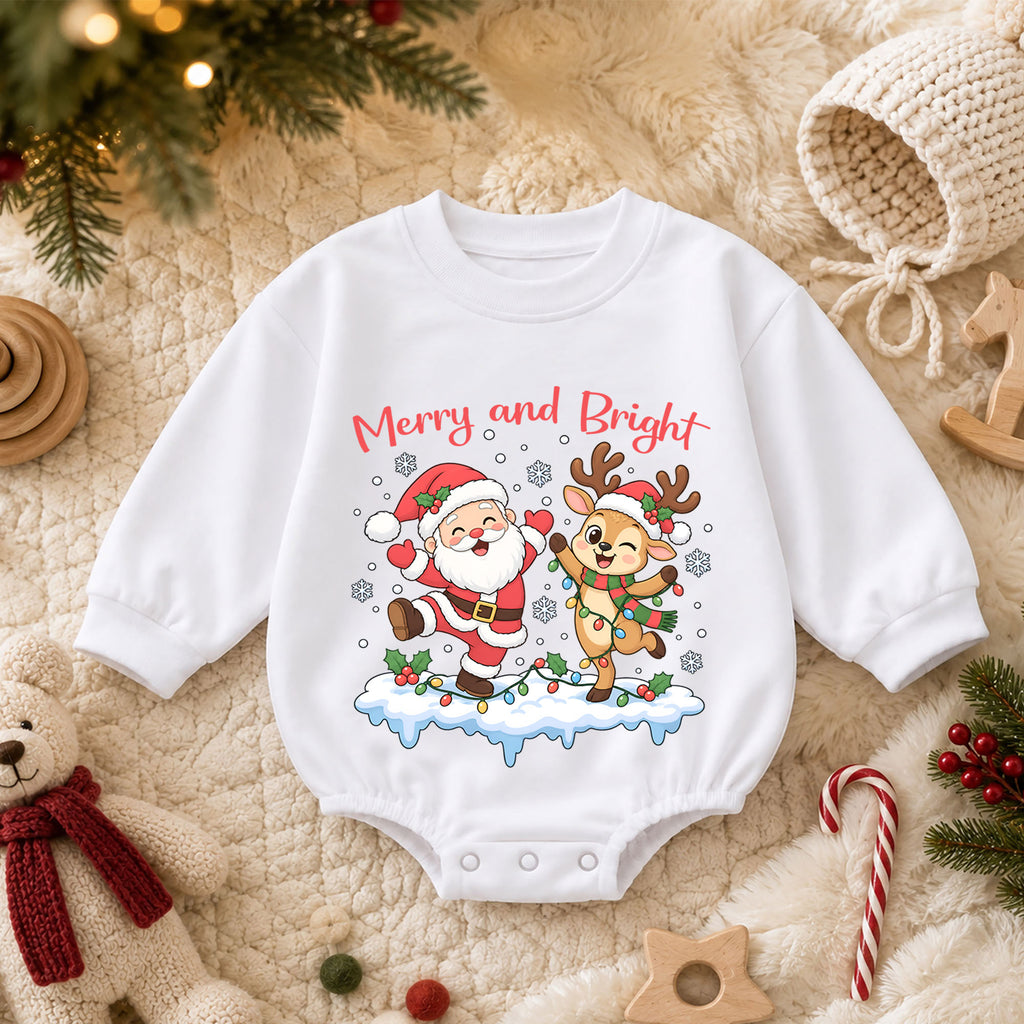 Merry and Bright Christmas Baby Romper, Santa Reindeer Holiday Outfit, Toddler Christmas Romper, Cute 1st Christmas Gift — product view 3