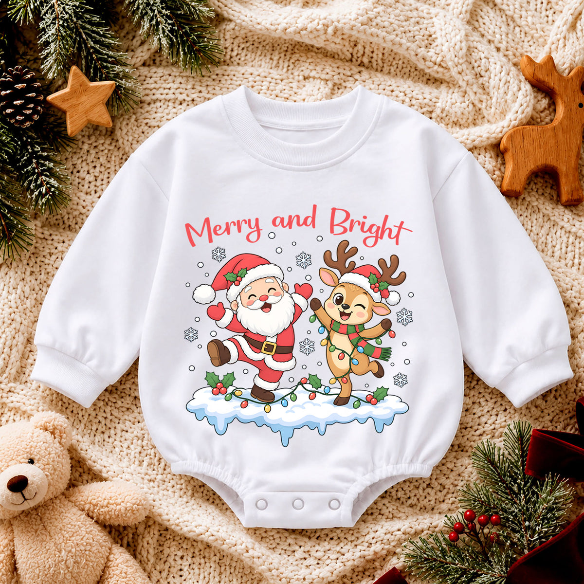 Merry and Bright Christmas Baby Romper, Santa Reindeer Holiday Outfit, Toddler Christmas Romper, Cute 1st Christmas Gift — product view 4