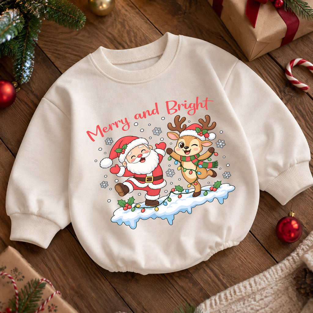 Merry and Bright Christmas Baby Romper, Santa Reindeer Holiday Outfit, Toddler Christmas Romper, Cute 1st Christmas Gift — product view 5
