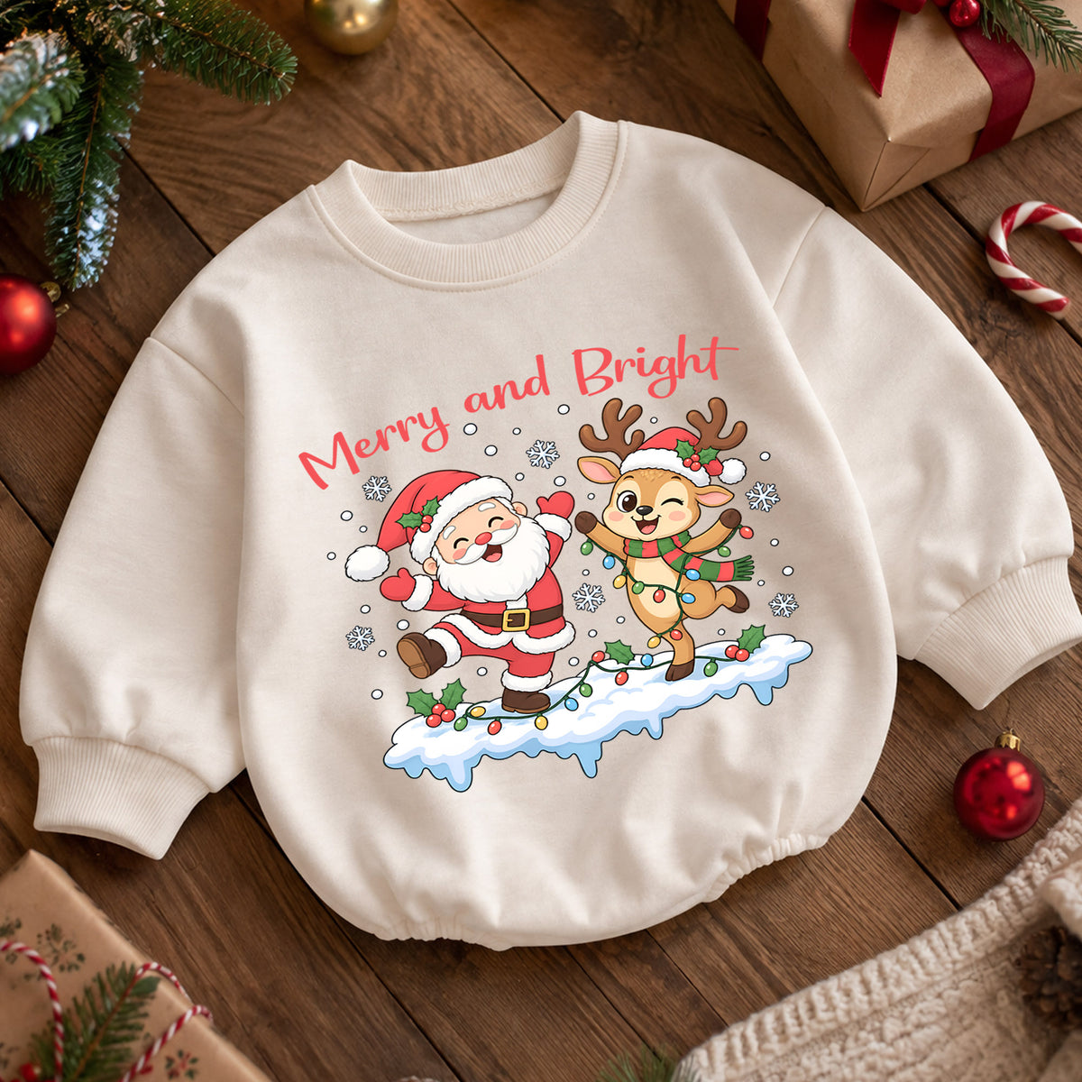 Merry and Bright Christmas Baby Romper, Santa Reindeer Holiday Outfit, Toddler Christmas Romper, Cute 1st Christmas Gift — product view 5
