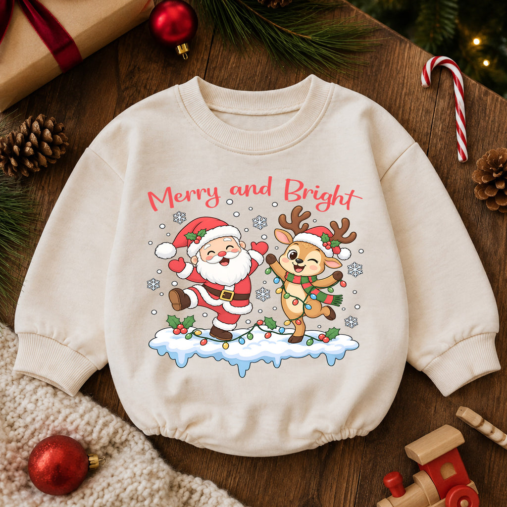 Merry and Bright Christmas Baby Romper, Santa Reindeer Holiday Outfit, Toddler Christmas Romper, Cute 1st Christmas Gift — product view 6