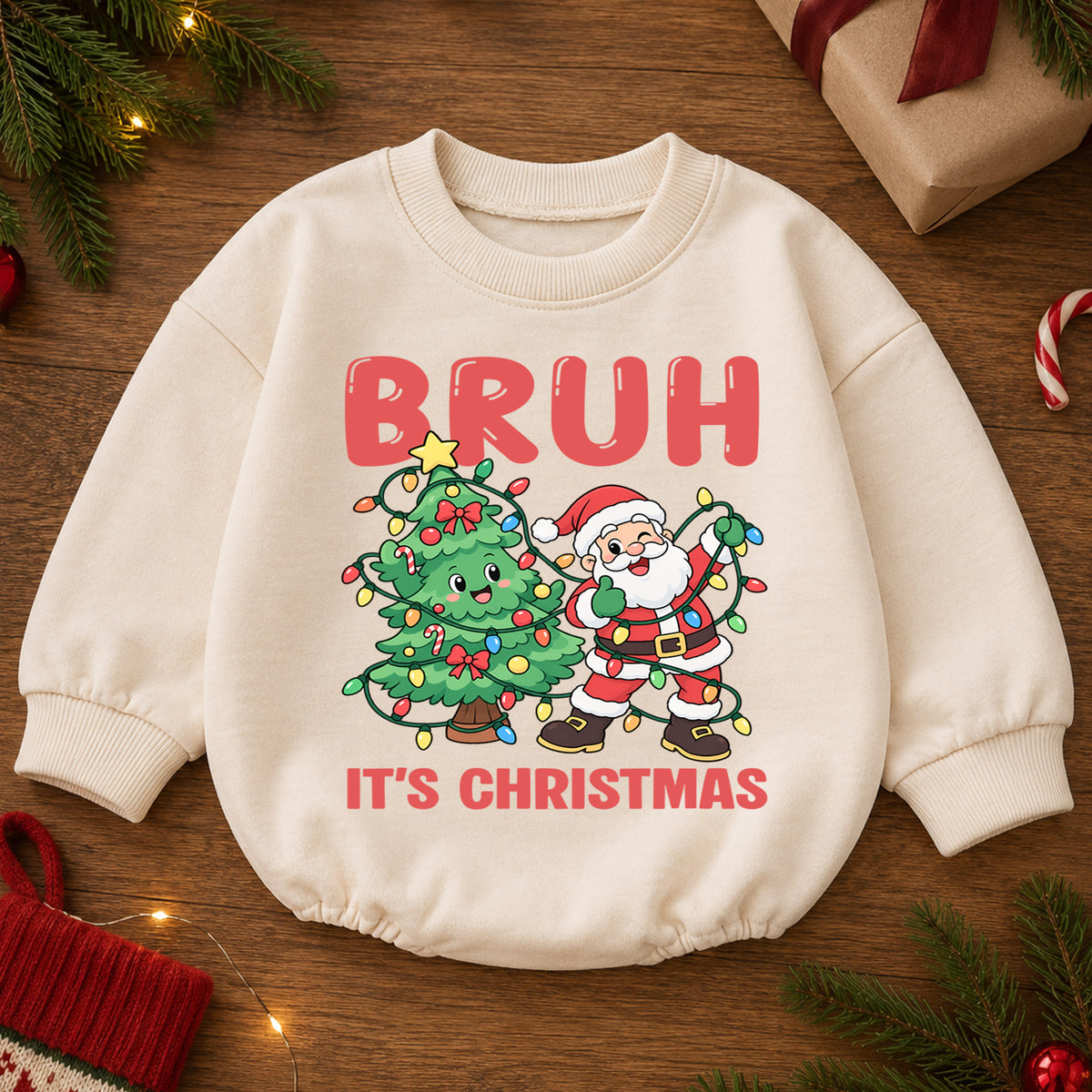 Bruh It's Christmas Baby Romper, Funny Santa Christmas Baby Outfit, Toddler Holiday Romper, Cute 1st Christmas Gift for Baby — product view 2