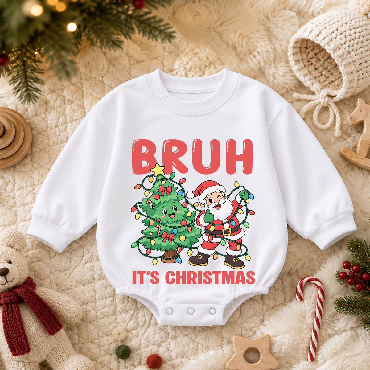 Bruh It's Christmas Baby Romper, Funny Santa Christmas Baby Outfit, Toddler Holiday Romper, Cute 1st Christmas Gift for Baby — product view 3