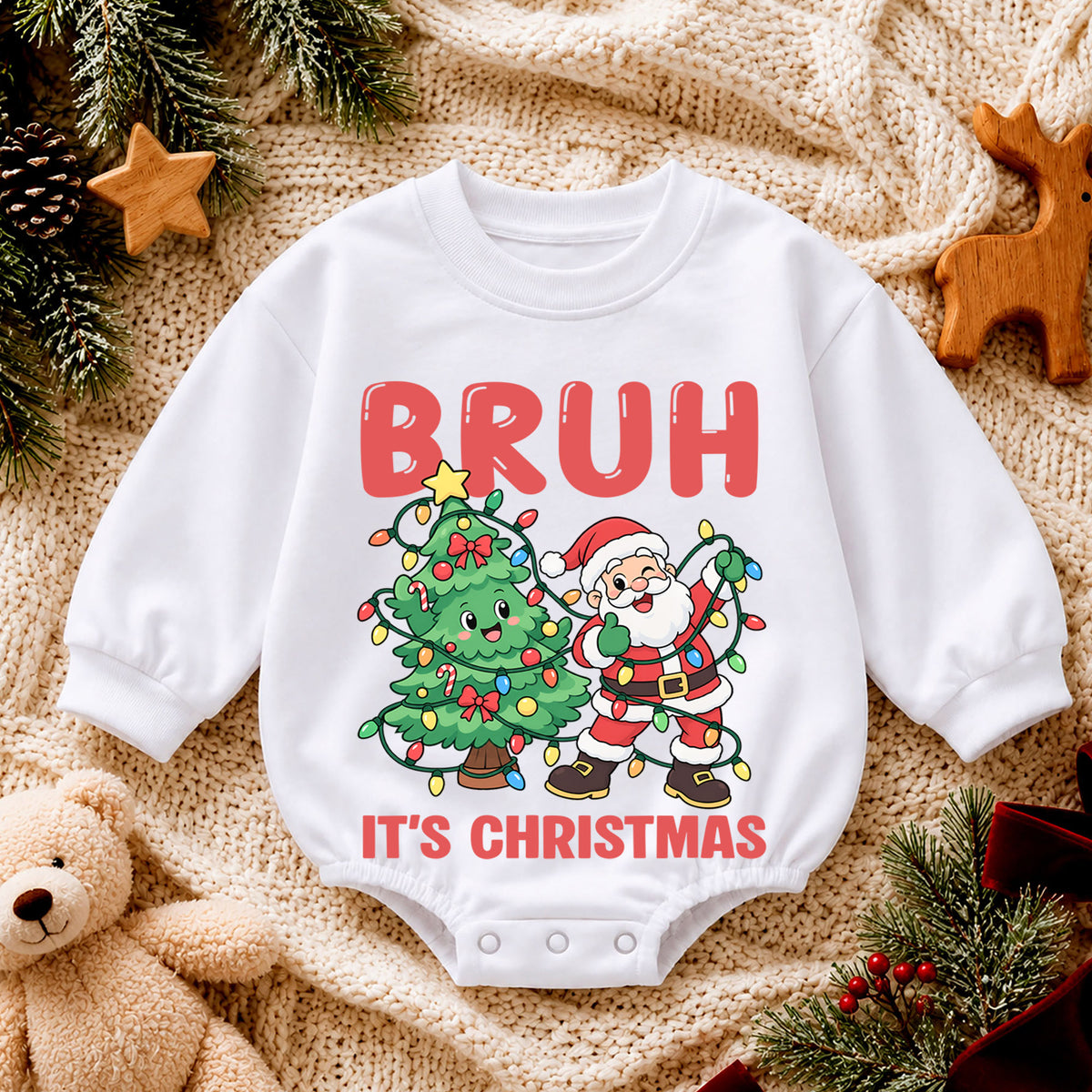 Bruh It's Christmas Baby Romper, Funny Santa Christmas Baby Outfit, Toddler Holiday Romper, Cute 1st Christmas Gift for Baby — product view 4