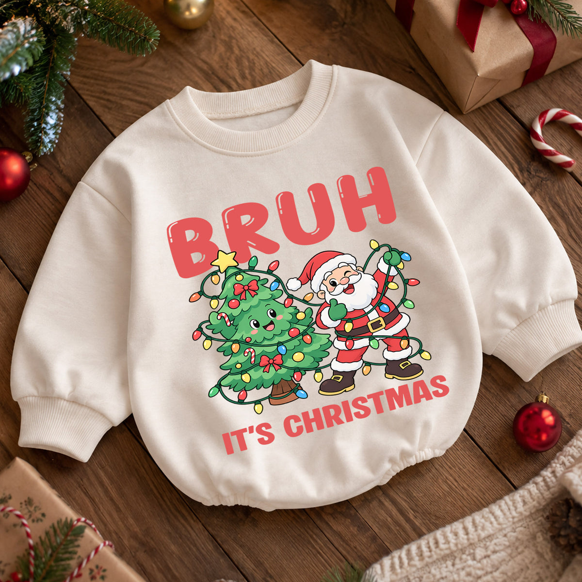 Bruh It's Christmas Baby Romper, Funny Santa Christmas Baby Outfit, Toddler Holiday Romper, Cute 1st Christmas Gift for Baby — product view 5
