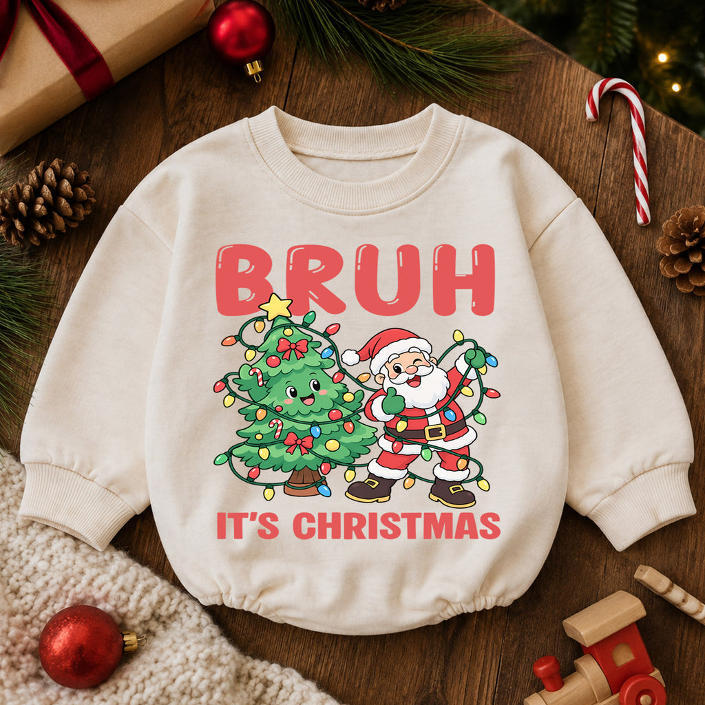 Bruh It's Christmas Baby Romper, Funny Santa Christmas Baby Outfit, Toddler Holiday Romper, Cute 1st Christmas Gift for Baby — product view 6