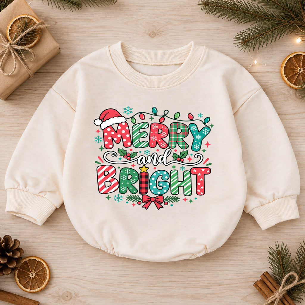 Merry and Bright Christmas Baby Romper, Festive Holiday Outfit, Toddler Christmas Romper, Cute 1st Christmas Gift for Baby — product view 1