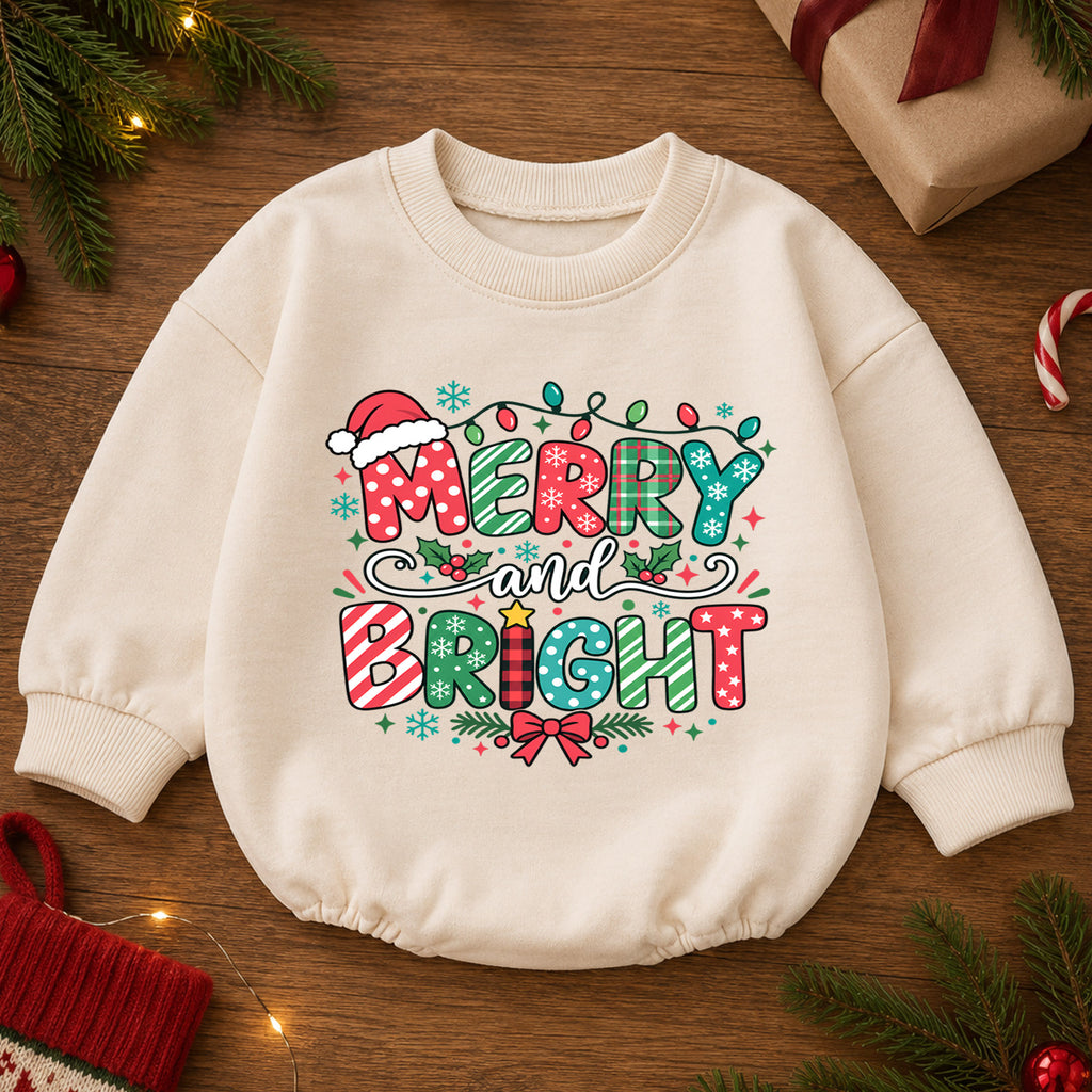 Merry and Bright Christmas Baby Romper, Festive Holiday Outfit, Toddler Christmas Romper, Cute 1st Christmas Gift for Baby — product view 2