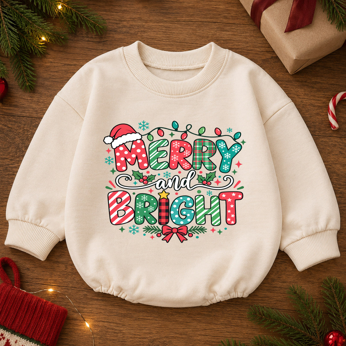 Merry and Bright Christmas Baby Romper, Festive Holiday Outfit, Toddler Christmas Romper, Cute 1st Christmas Gift for Baby — product view 2