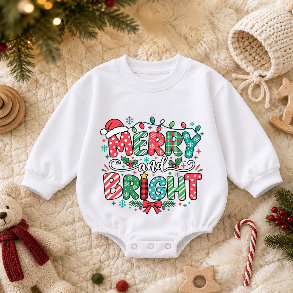 Merry and Bright Christmas Baby Romper, Festive Holiday Outfit, Toddler Christmas Romper, Cute 1st Christmas Gift for Baby — product view 3
