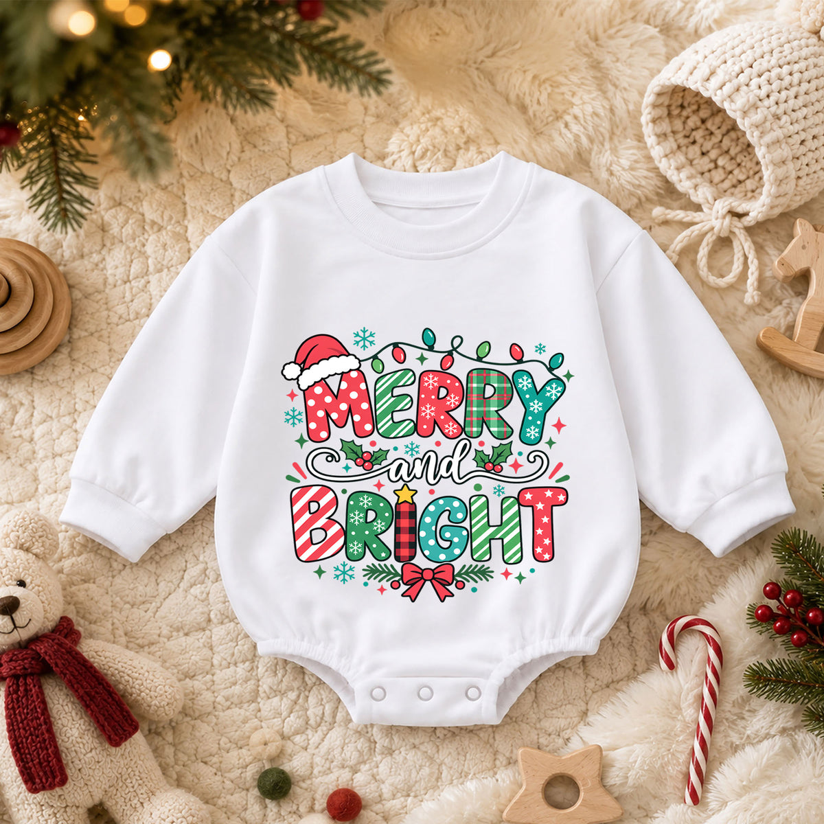 Merry and Bright Christmas Baby Romper, Festive Holiday Outfit, Toddler Christmas Romper, Cute 1st Christmas Gift for Baby — product view 3
