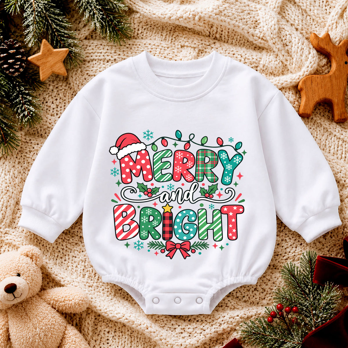 Merry and Bright Christmas Baby Romper, Festive Holiday Outfit, Toddler Christmas Romper, Cute 1st Christmas Gift for Baby — product view 4