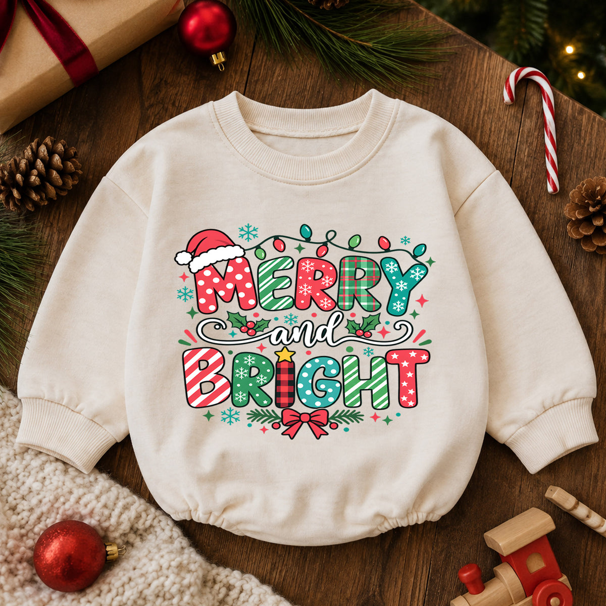 Merry and Bright Christmas Baby Romper, Festive Holiday Outfit, Toddler Christmas Romper, Cute 1st Christmas Gift for Baby — product view 6